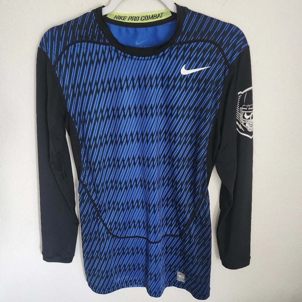Nike Pro Combat Dri-fit Men's Blue & Black Long Sleeves Skull Sz L